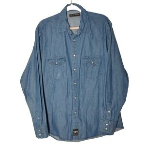 Real Ranch Workwear Denim Shirt Mens LARGE Western Pearl Snap Long Sleeve Cowboy